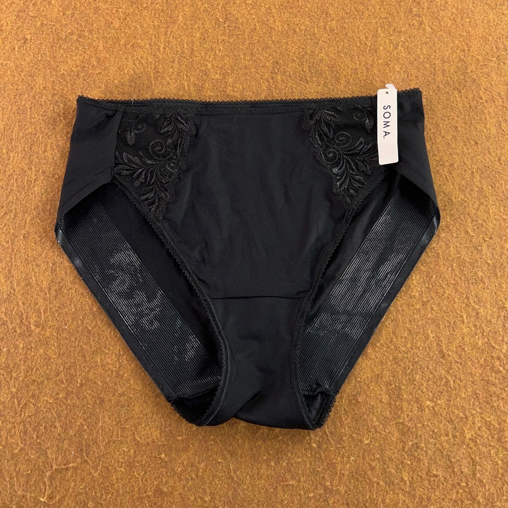 Soma Womens Large Black Sensuous Lace Vanishing Edge High Leg Brief Panty NWT